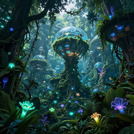 Digital fantasy artwork of glowing, bioluminescent forest with floating, plant-covered, dome-headed creatures amidst vibrant blue, green, and purple flora.