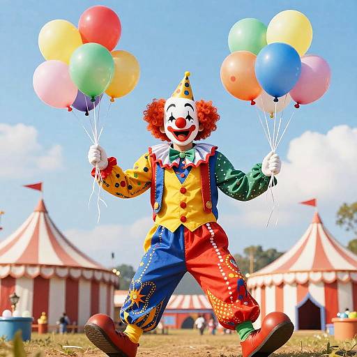 Colorful clown in bright costume holding balloons, standing outdoors with circus tents in background, clear blue sky, cheerful expression. Photorealistic CGI.
