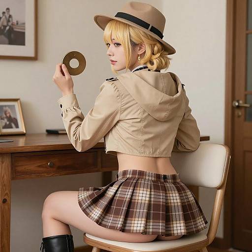 Blonde Cosplayer in Plaid Skirt Pose