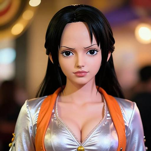 Digital artwork of a serious-looking woman with long black hair, wearing a shiny silver top with orange straps, against a blurred, warm-toned background.