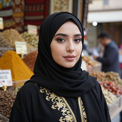 Photograph of a young Middle Eastern woman with light brown skin, wearing a black hijab and ornate black abaya, standing in a colorful spice