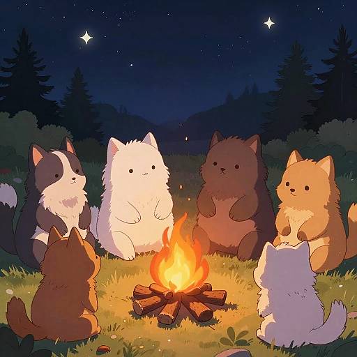 Digital drawing of six fluffy, cartoon-style cats sitting around a campfire at night, under a starry sky with pine trees.