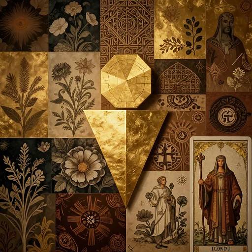 Digital collage of intricate gold and brown floral, geometric, and religious art pieces, including detailed flower illustrations, Celtic patterns, and a saintly figure with