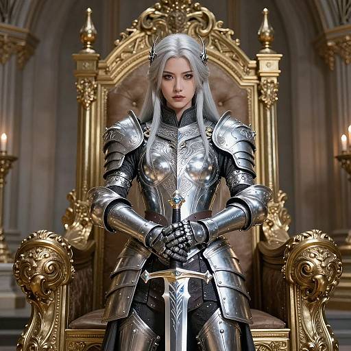 Digital art of a silver-haired woman in shiny silver armor, holding a sword, sitting on a gold throne in a grand, candlelit room.