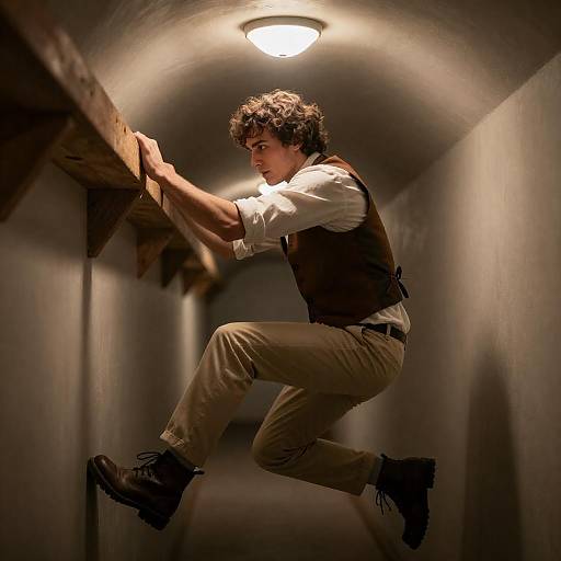 Determined Climber in Dimly Lit Hallway