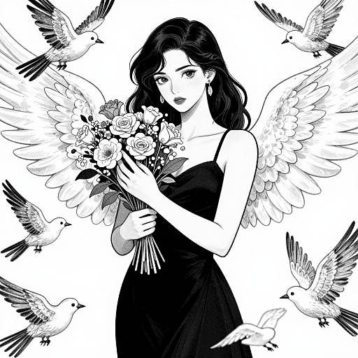 Black-and-white digital drawing of a woman with dark wavy hair, wearing a sleeveless black dress, holding roses, surrounded by angels and birds.