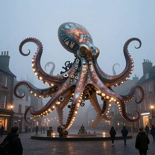 Photograph of a large, illuminated, clock-faced metal octopus sculpture with glowing tentacles in a foggy, historic town square at dusk.