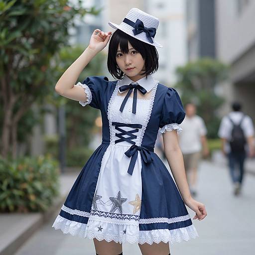 Photograph of an Asian woman in a navy and white French maid cosplay outfit, black bob haircut, white hat, lace details, standing on a city