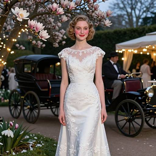 Photograph of a blonde woman in a white lace wedding dress, standing in a garden with blooming magnolia trees, vintage carriages, and string