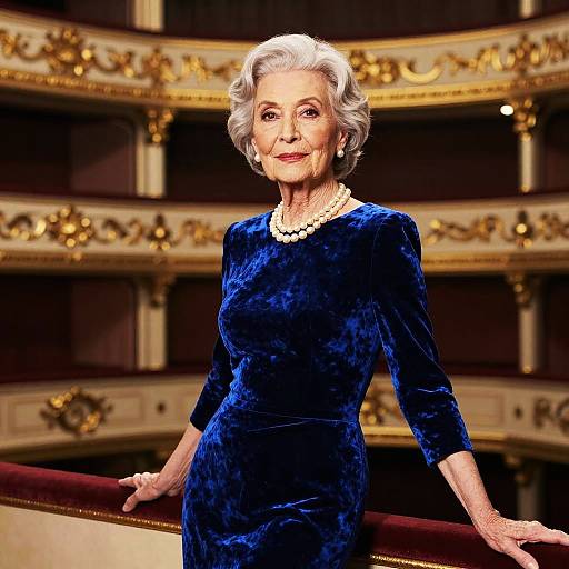 Photograph of an elegant elderly woman with short white hair, wearing a velvet blue dress and pearl necklace, standing in an ornate, gold-accent