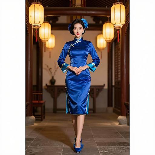 Asian Woman in Blue Silk Qipao Dress