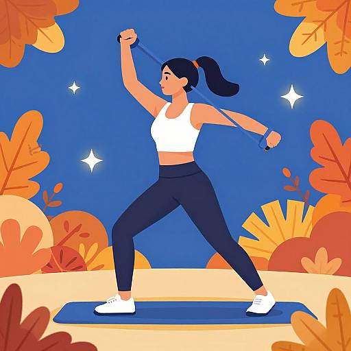 Illustration of a determined woman in a white sports bra and black leggings, doing a boxing stance on a blue mat, surrounded by vibrant autumn leaves against