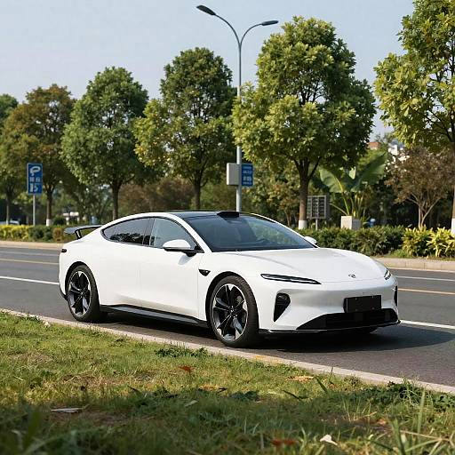 Sleek White and Black Modern Car Parked by Road