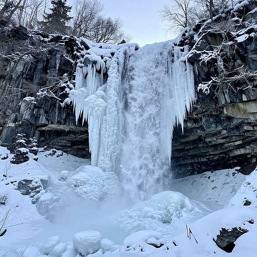 Photograph of a snowy, icy waterfall cascading down a dark, rocky cliff, surrounded by frost-covered trees and branches, with thick icicles hanging