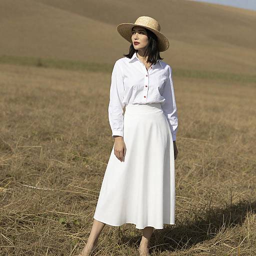 Sunlit Woman in White with Straw Hat