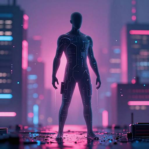 Melting Humanoid in Cyberpunk Cityscape