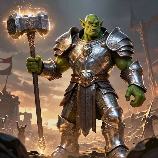 Digital artwork of a green-skinned, muscular orc warrior in shining silver armor, holding a glowing, electrified war hammer, standing on a battlefield at