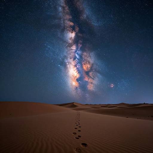 Photograph of a starry night sky with the Milky Way galaxy above a desert with footprints leading into the dunes.