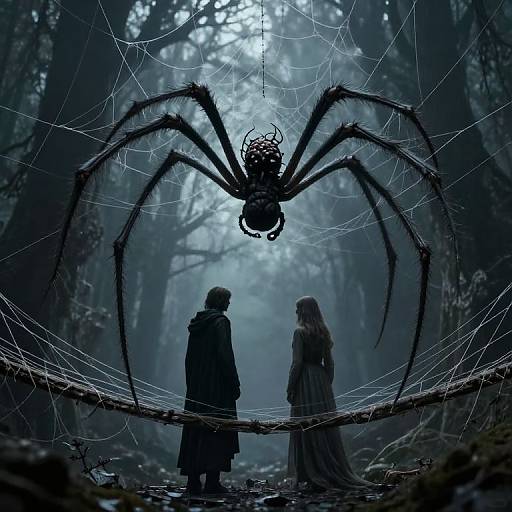 Digital art: Silhouetted figure of a man and woman face giant spider in dark, foggy forest. Spider's web spans between trees.