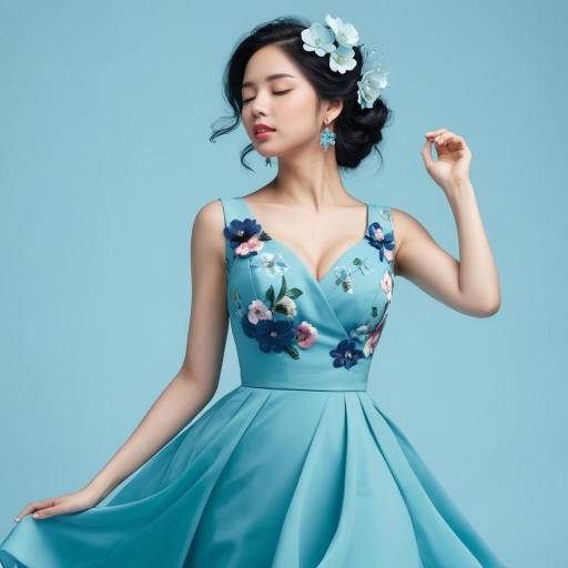 Dancing Girl in Aqua Floral Dress