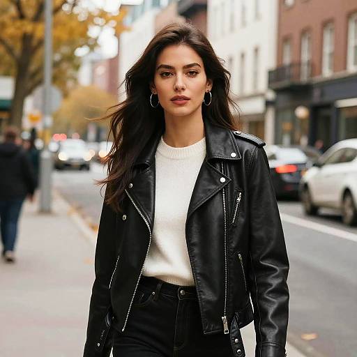 Stylish Woman in Black Leather Jacket on Autumn City Street