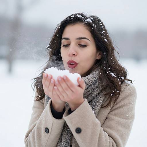 Photograph of a young woman with fair skin and dark hair, wearing a beige coat and gray scarf, blowing on snow in her hands outdoors on a