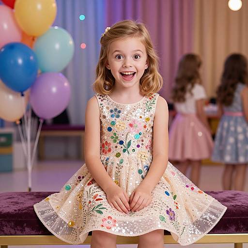 Photograph of a smiling young girl with light brown hair, wearing a white, floral-embellished dress, sitting on a purple bench, with