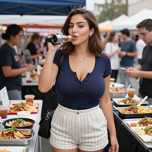 Photograph of a curvy woman with medium skin tone, dark wavy hair, large breasts, black top, white shorts, sipping wine at