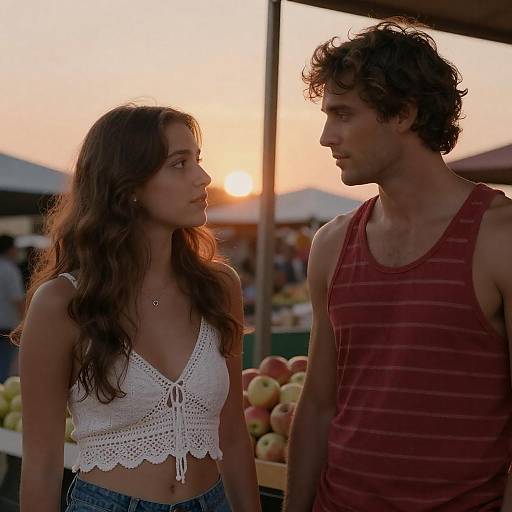 Couple in Sunset-Lit Market Stall