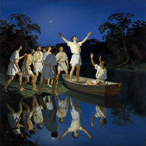 Photograph-like painting of a group of shirtless men in white loincloths, with one standing in a boat, arms raised, under a