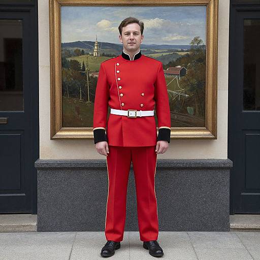Photograph of a man in a bright red military uniform with black trim, white belt, standing in front of a large landscape painting in a formal setting