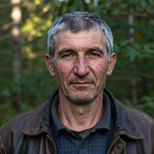 Photograph of a middle-aged man with short gray hair, weathered face, and stubble, wearing a brown leather jacket over a dark shirt,