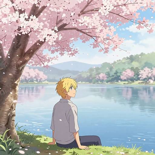 Anime-style digital illustration of a blond-haired boy in a white shirt, sitting by a serene lake under pink cherry blossoms.
