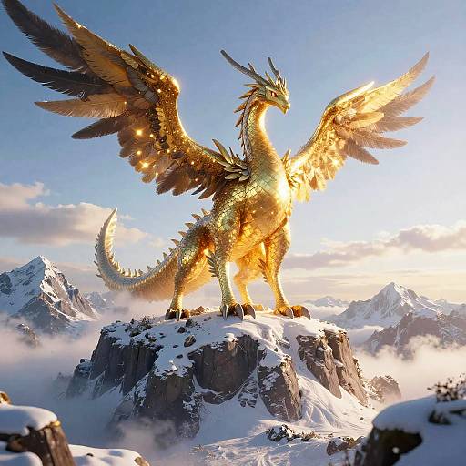Digital art of a golden, winged dragon standing on a snowy mountain peak, sunlight glowing around its majestic form, with cloudy sky and distant mountains in