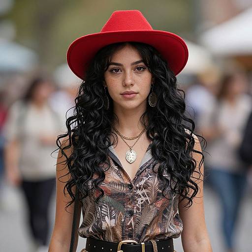 Photograph of a woman with long curly black hair, wearing a red hat, patterned sleeveless top, and necklace, standing in a blurred urban