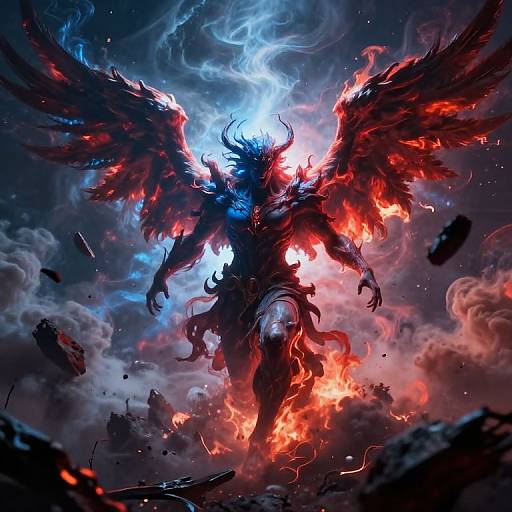 Digital fantasy artwork of a fierce, winged demon with glowing red and blue flames, silhouetted against a dramatic, cloudy sky.