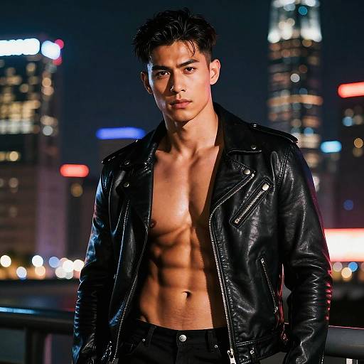 Photograph of a muscular, shirtless Asian man with short black hair, wearing a black leather jacket, standing in front of a nighttime cityscape with