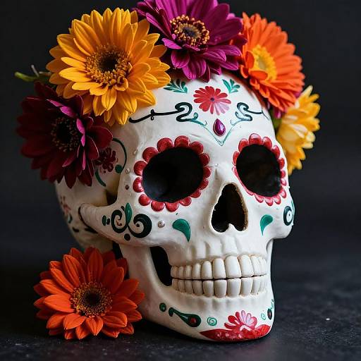 Photograph of a white, sugar-sculpted Day of the Dead skull adorned with vibrant orange, yellow, purple, and red flowers, set