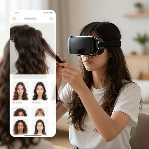 Photograph of a young Asian woman with long black hair, wearing a white shirt and VR headset, using her smartphone to view hairstyle options.