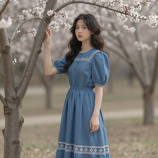 Young woman in blue vintage dress beside blooming tree