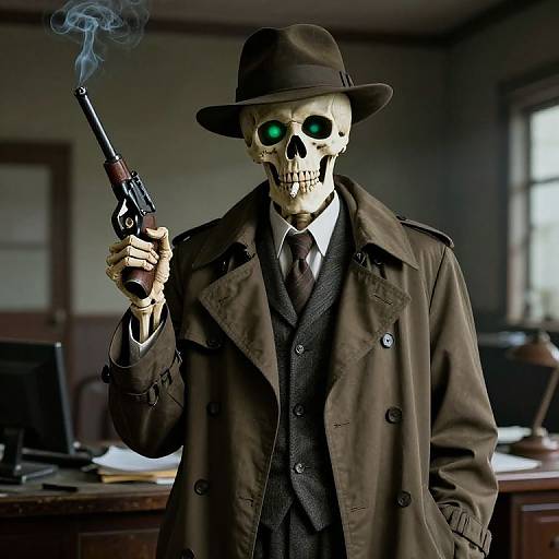 Photograph-style digital artwork of a skeletal figure in a brown trench coat and hat, holding a smoking revolver, with eerie green eyes, in a dim