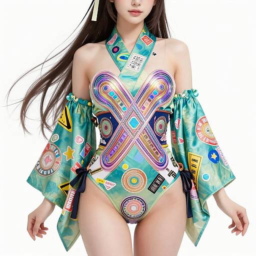 Photograph of a young woman with long brown hair wearing a colorful, psychedelic, off-shoulder one-piece swimsuit with neon patterns and large 