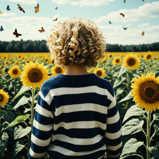 Boy in Sunflower Field with Butterflies