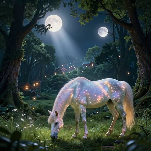 Digital painting of a white horse adorned with glowing fairy lights, grazing under a moonlit forest with glowing houses and twinkling stars.
