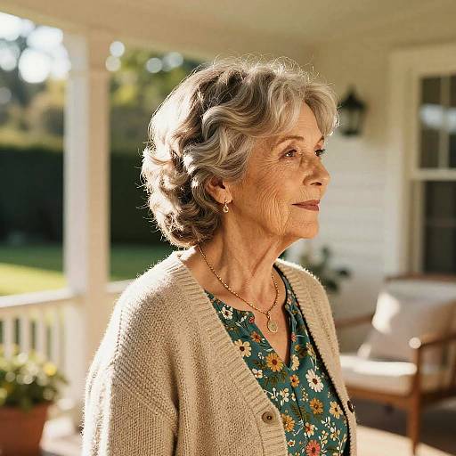 Photograph of an elderly woman with short, wavy gray hair, wearing a floral dress and beige cardigan, standing on a sunlit porch.