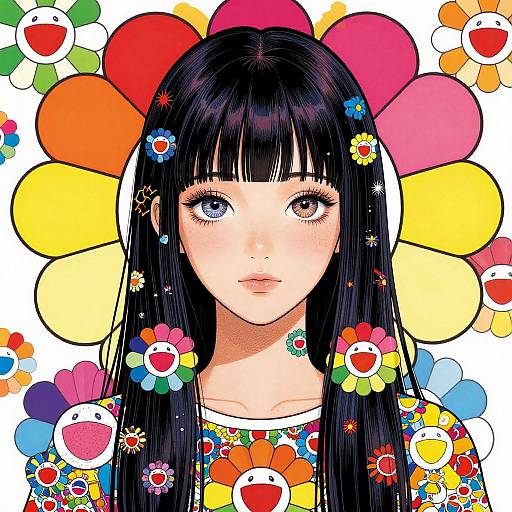 Digital anime-style portrait of a young girl with long black hair, large eyes, wearing a floral dress, surrounded by colorful flowers and birds.