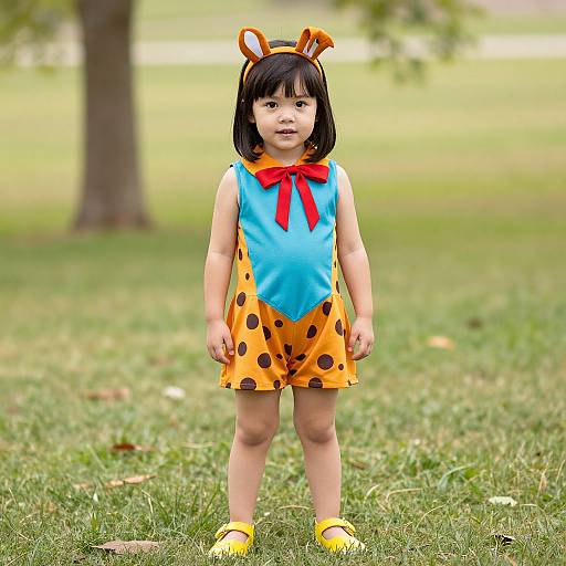 Photograph of an Asian toddler in a Winnie the Pooh costume with blue top, orange polka-dot shorts, red bow, bunny ears,