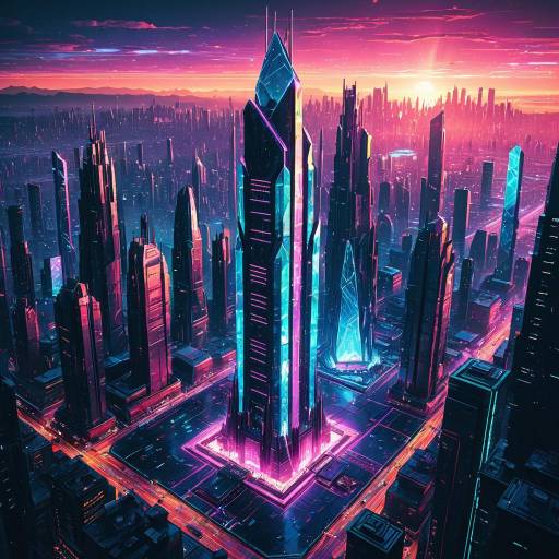 Neon Cyberpunk Cityscape with Futuristic Crystal Tower