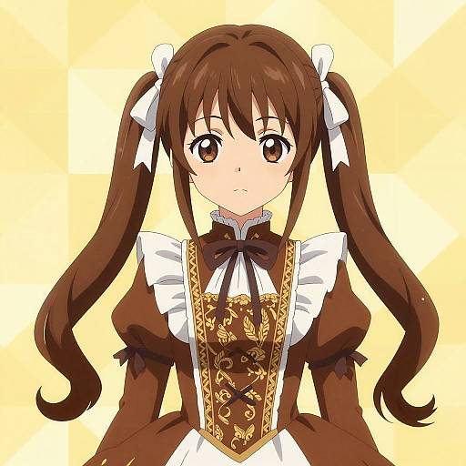 Anime-style digital drawing of a young girl with brown pigtails, wearing a brown and white gothic lolita dress with gold embroidery, against a