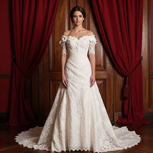 Photograph of a beautiful woman in an off-shoulder, lace wedding gown with a full skirt, standing in front of dark red curtains and wooden